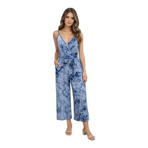Stillettos Tie-Dye Navy Blue V-Neck Wide-Leg Jumpsuit Size Large